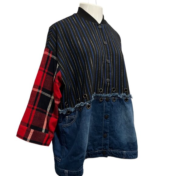 Women’s Oversized Mixed Plaid Denim Jacket, Pockets, OS - Picture 10 of 11